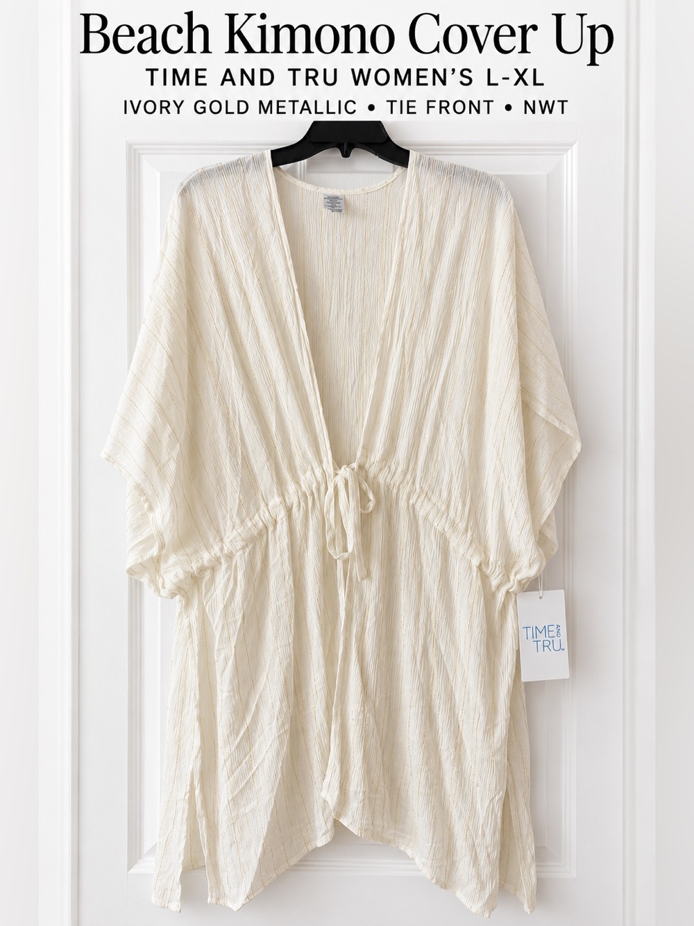 Time and Tru Women’s L-XL Ivory Gold Metallic Beach Tie Front Cover Up NWT